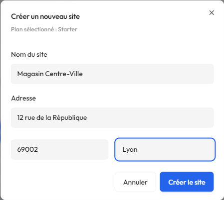 Dialogue de création de site